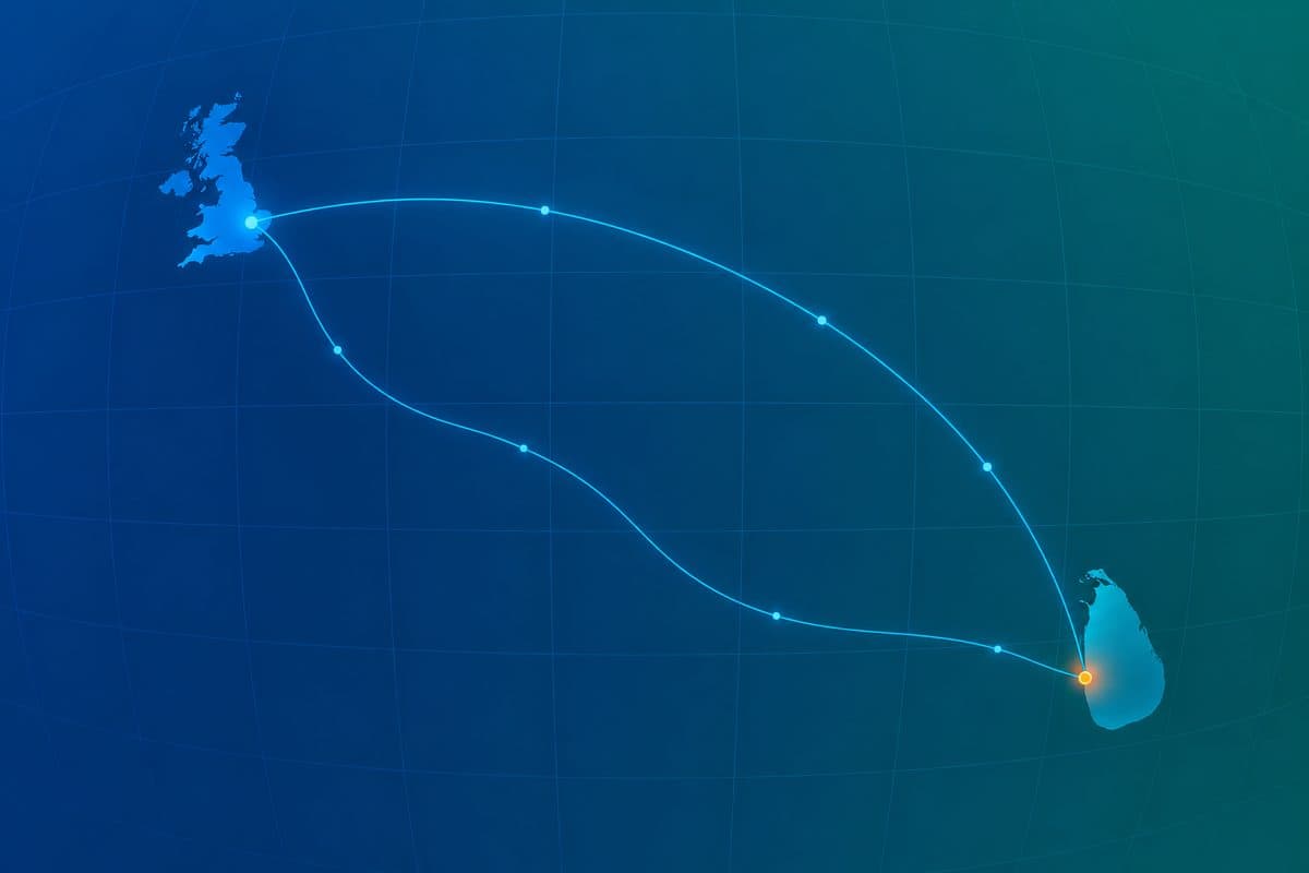 Illustration of Ceylon Shipping's air and sea routes between the United Kingdom and Sri Lanka